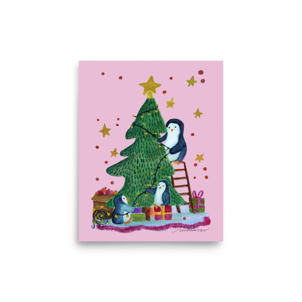 🎄 Whimsical Penguin Christmas Tree Poster – Watercolor Penguins Decorating a Tree 🐧🎄✨ Pink–Purple Background | Museum - Quality Matte Print - SANDRAAS