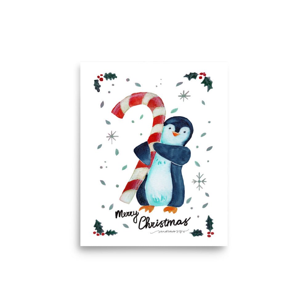 🎄 Candy Cane Penguin Poster – Whimsical Watercolor Penguin Holding a Candy Cane 🐧🍬✨ White Background | Museum - Quality Matte Print - SANDRAAS