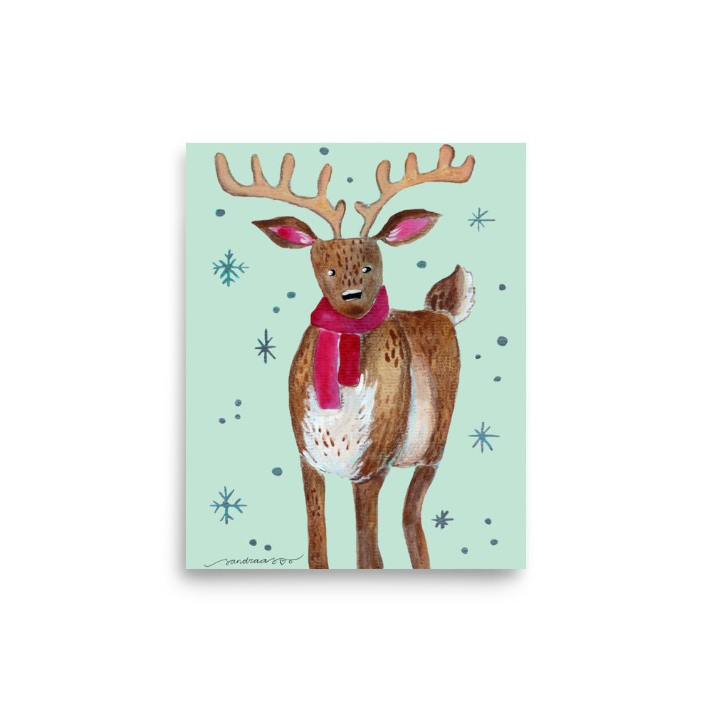 🦌 Whimsical Deer Poster – Watercolor Forest Deer on Turquoise Background 💙✨ Museum - Quality Matte Print - SANDRAAS