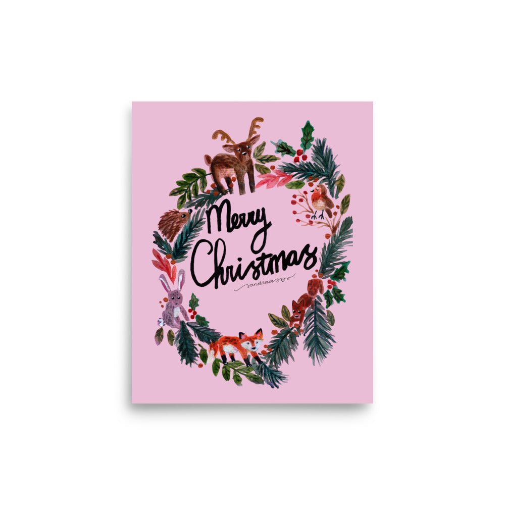 🎄 Woodland Christmas Wreath Poster – Whimsical Watercolor Animals in Festive Wreath 🦊🐿️✨ Pink Background | Museum - Quality Matte Print - SANDRAAS