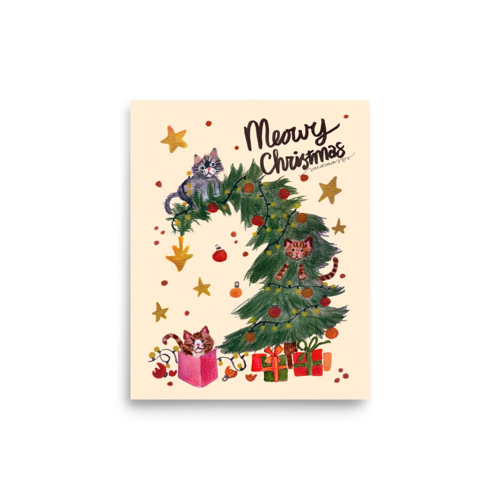 🎄 Meowy Christmas Tree Cats Poster – Whimsical Watercolor Cats Climbing a Christmas Tree 😺🌲✨ Light Yellow Background | Museum - Quality Matte Print - SANDRAAS