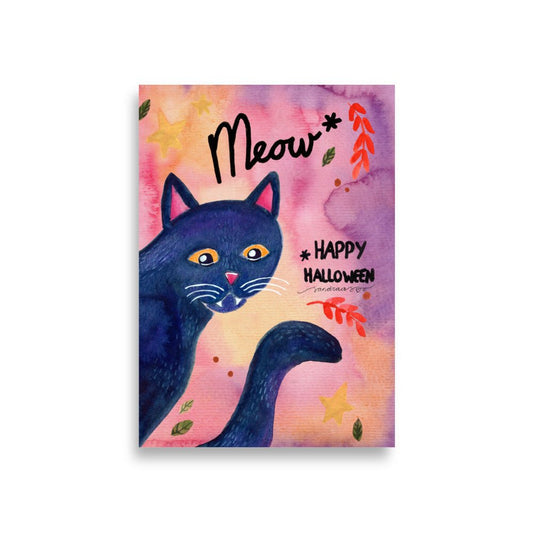 Whimsical Black Cat Halloween Poster 🎃🐾 | Watercolor Illustration + Hand Lettered ‘Meow, Happy Halloween’ - SANDRAAS