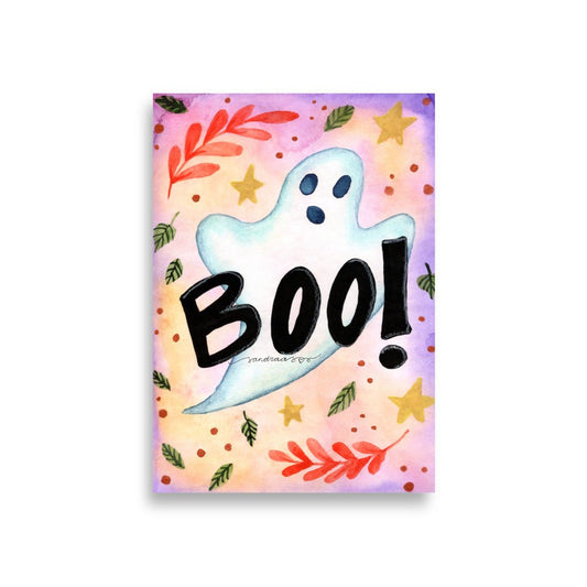 Cute Ghost Halloween Poster 👻🎃 | Watercolor Illustration with ‘Boo!’ Text – Spooky Cute Wall Art - SANDRAAS