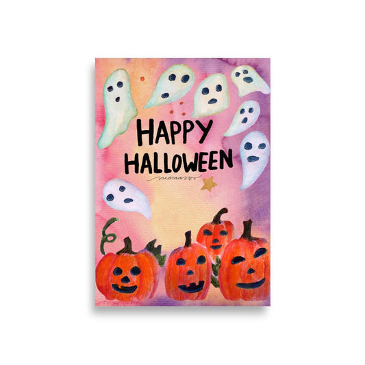 "Happy Halloween Poster 🎃👻 | Watercolor Pumpkins & Ghosts Illustration – Spooky Cute Wall Art" - SANDRAAS