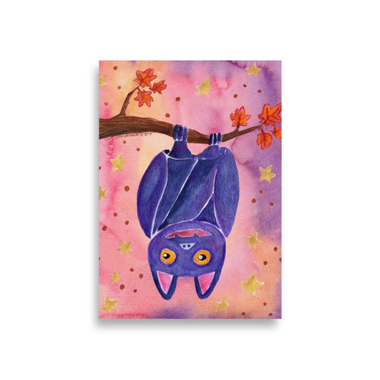 Whimsical Bat Poster 🦇🌙 | Cute Watercolor Illustration Hanging from Tree Branch – Spooky Cute Wall Art - SANDRAAS