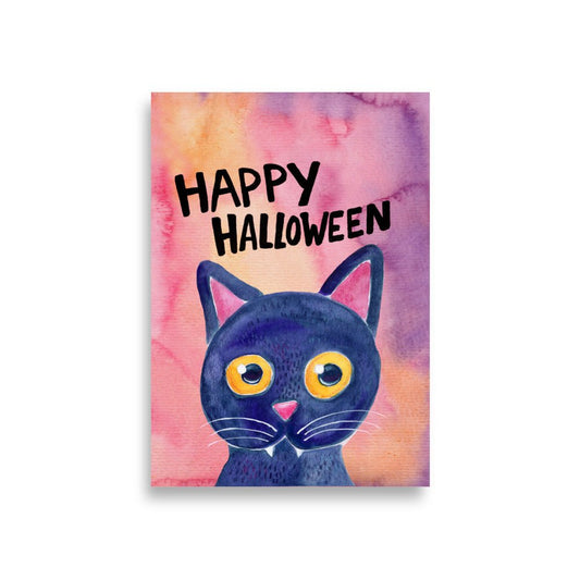 Whimsical Black Cat Poster 🐈⬛✨ | Cute Watercolor Illustration – Happy Halloween | Cozy Spooky Wall Art - SANDRAAS