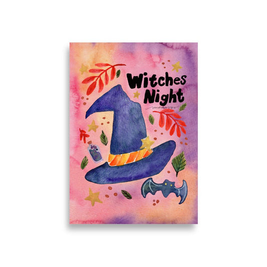 Witches Night Halloween Poster 🧙♀️🌙✨ | Watercolor Witch - Themed Illustration + Text – Spooky Cute Wall Art - SANDRAAS
