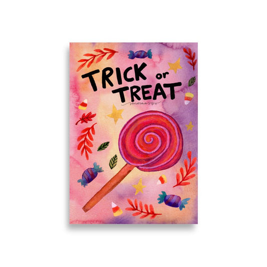 Trick or Treat Halloween Poster 🎃🍬👻 | Watercolor Illustration + Hand Lettered Text – Spooky Cute Wall Art - SANDRAAS