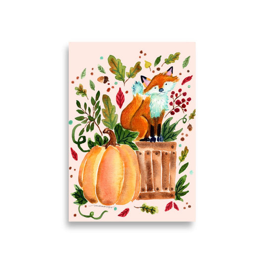 Cozy Autumn Fox Watercolor Poster • Pumpkin & Fall Leaves Wall Art • Woodland Animal Illustration Print - SANDRAAS