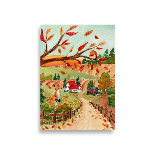 Cozy Autumn Landscape Watercolor Poster • Fox, Barn & Falling Leaves Fall Wall Art • Rustic Countryside Illustration Print - SANDRAAS