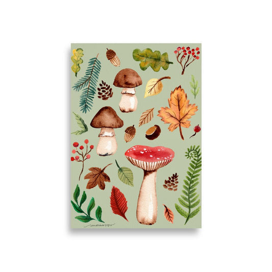 Autumn Mushrooms & Leaves Watercolor Poster • Cozy Fall Nature Wall Art • Botanical Woodland Illustration Print - SANDRAAS