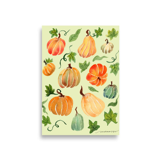 Watercolor Pumpkin Poster • Cozy Autumn Fall Wall Art • Orange Pumpkins on Light Green Background Illustration Print - SANDRAAS