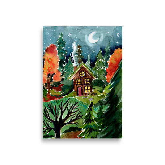 Cozy Autumn Night Forest Poster • Watercolor Cabin in the Woods Wall Art • Moonlit Nature Scene Illustration Print - SANDRAAS
