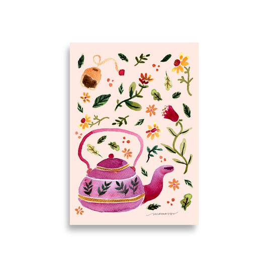 Watercolor Autumn Tea Time Poster • Cozy Teapot, Cups & Fall Leaves Wall Art • Rustic Seasonal Illustration Print - SANDRAAS
