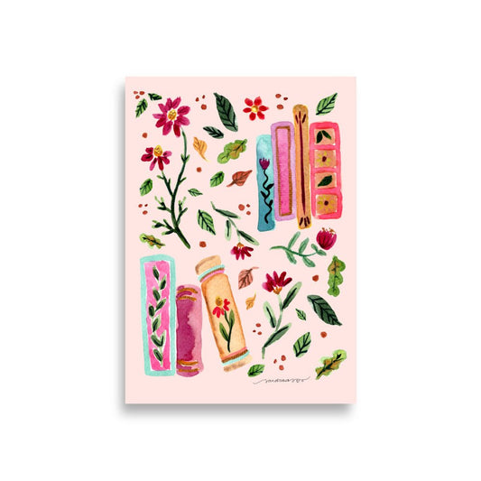Cozy Autumn Reading Poster • Watercolor Books, Wildflowers & Fall Leaves Wall Art • Hygge Seasonal Illustration Print - SANDRAAS