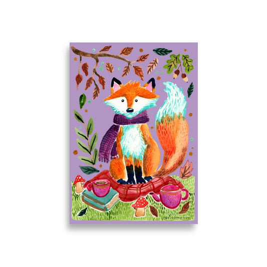 Whimsical Autumn Fox Picnic Poster • Watercolor Woodland Animal Wall Art • Cozy Fall Illustration with Scarf & Blanket - SANDRAAS