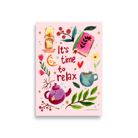It’s Time to Relax Poster • Watercolor Autumn Books, Candle & Tea Wall Art • Cozy Fall Illustration on Pink Background - SANDRAAS