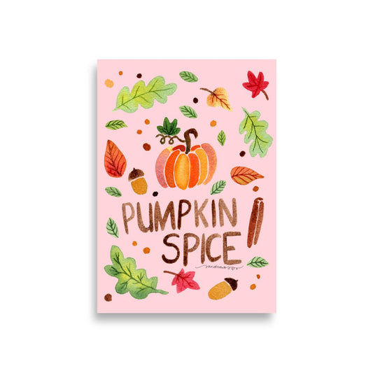 Pumpkin Spice Poster • Watercolor Pumpkin, Cinnamon & Autumn Leaves Wall Art • Cozy Fall Illustration on Pink Background - SANDRAAS