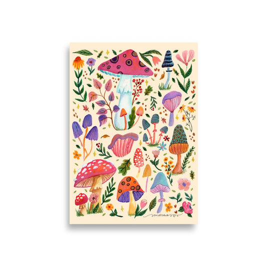 Whimsical Autumn Mushrooms Poster • Watercolor Woodland Florals & Fall Nature Wall Art • Cozy Seasonal Illustration Print - SANDRAAS