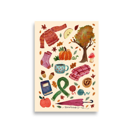 All Things Cozy Autumn Poster • Watercolor Sweater, Pumpkin, Socks & Tea Wall Art • Hygge Fall Illustration Print - SANDRAAS