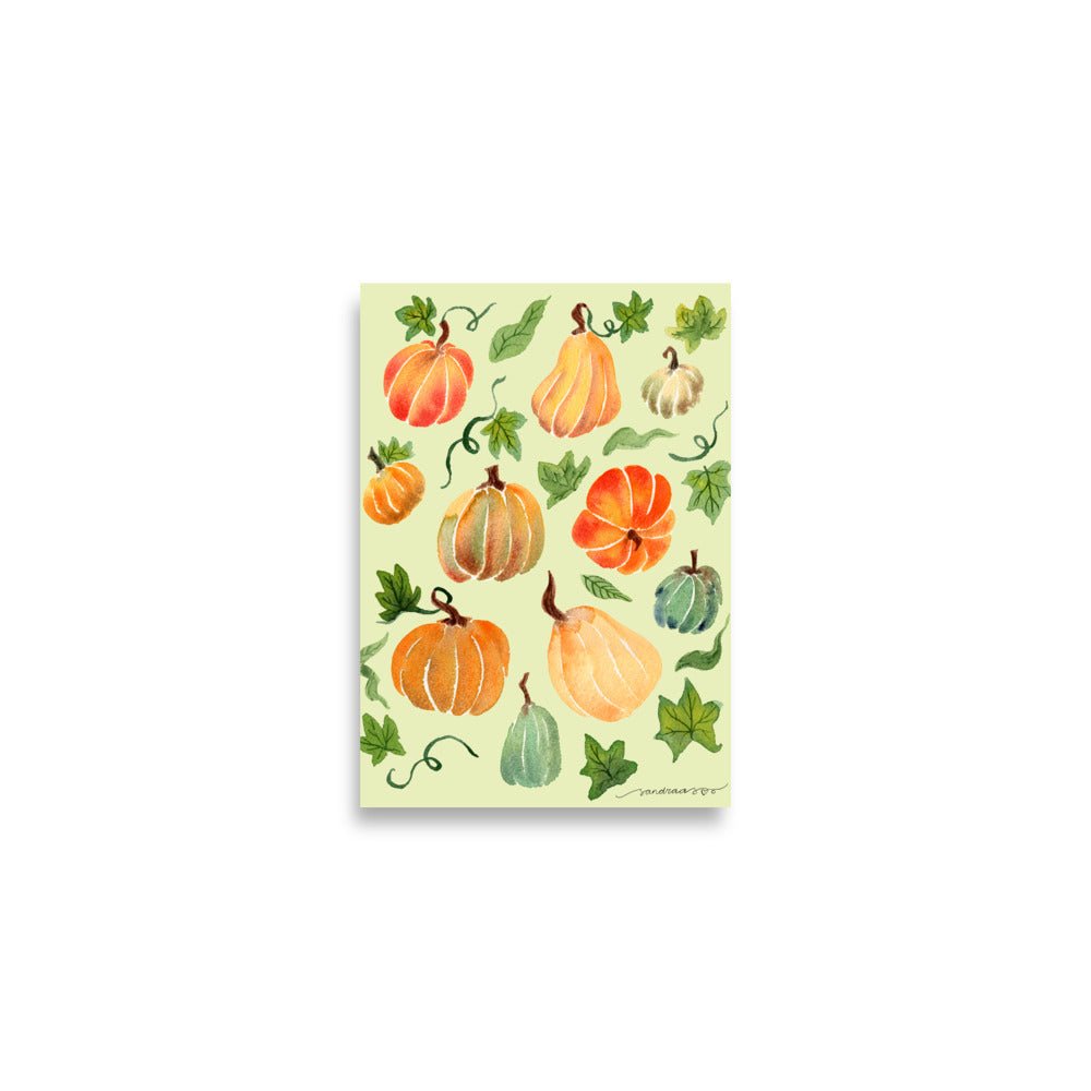 Watercolor Pumpkin Poster • Cozy Autumn Fall Wall Art • Orange Pumpkins on Light Green Background Illustration Print - SANDRAAS