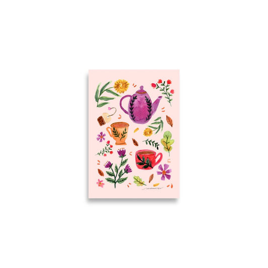 Cozy Autumn Tea Poster • Watercolor Teapot, Teacups & Fall Leaves Wall Art • Hygge Seasonal Illustration Print - SANDRAAS