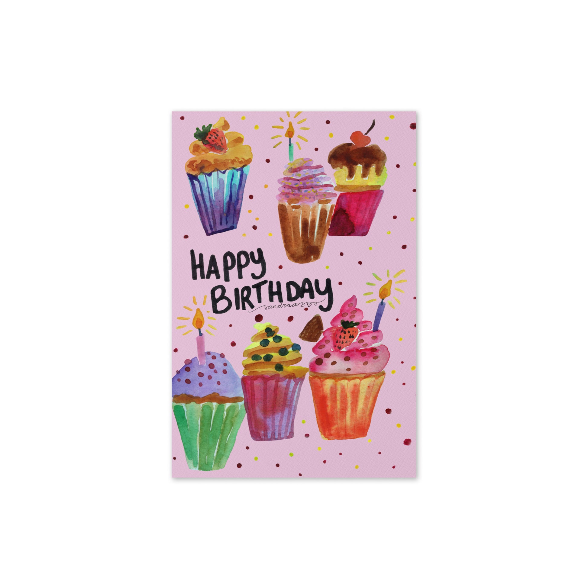 Happy Birthday Card – Watercolor Cupcakes on Pink Background - SANDRAAS