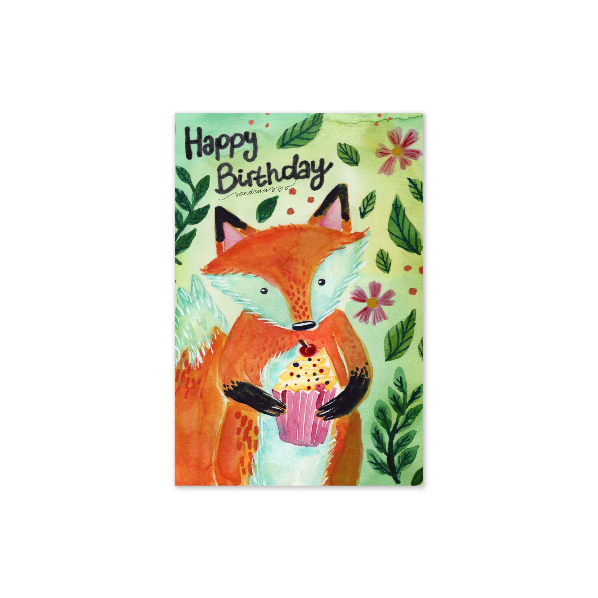 Happy Birthday Card – Watercolor Fox with Present on Green Textured Background - SANDRAAS