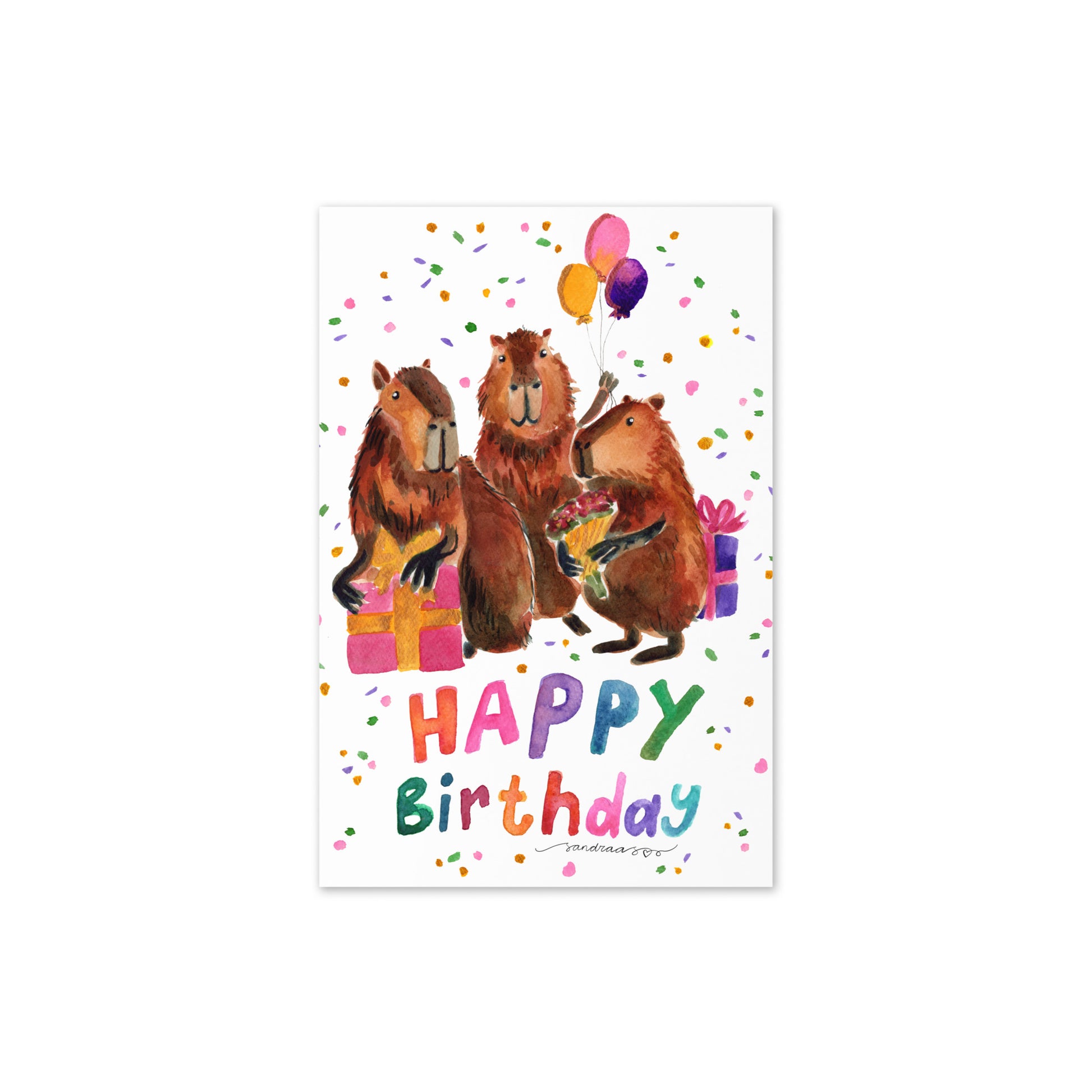 "Happy Birthday" Capybara Birthday Card – Watercolor Balloons & Multicolor Hand Lettering - SANDRAAS