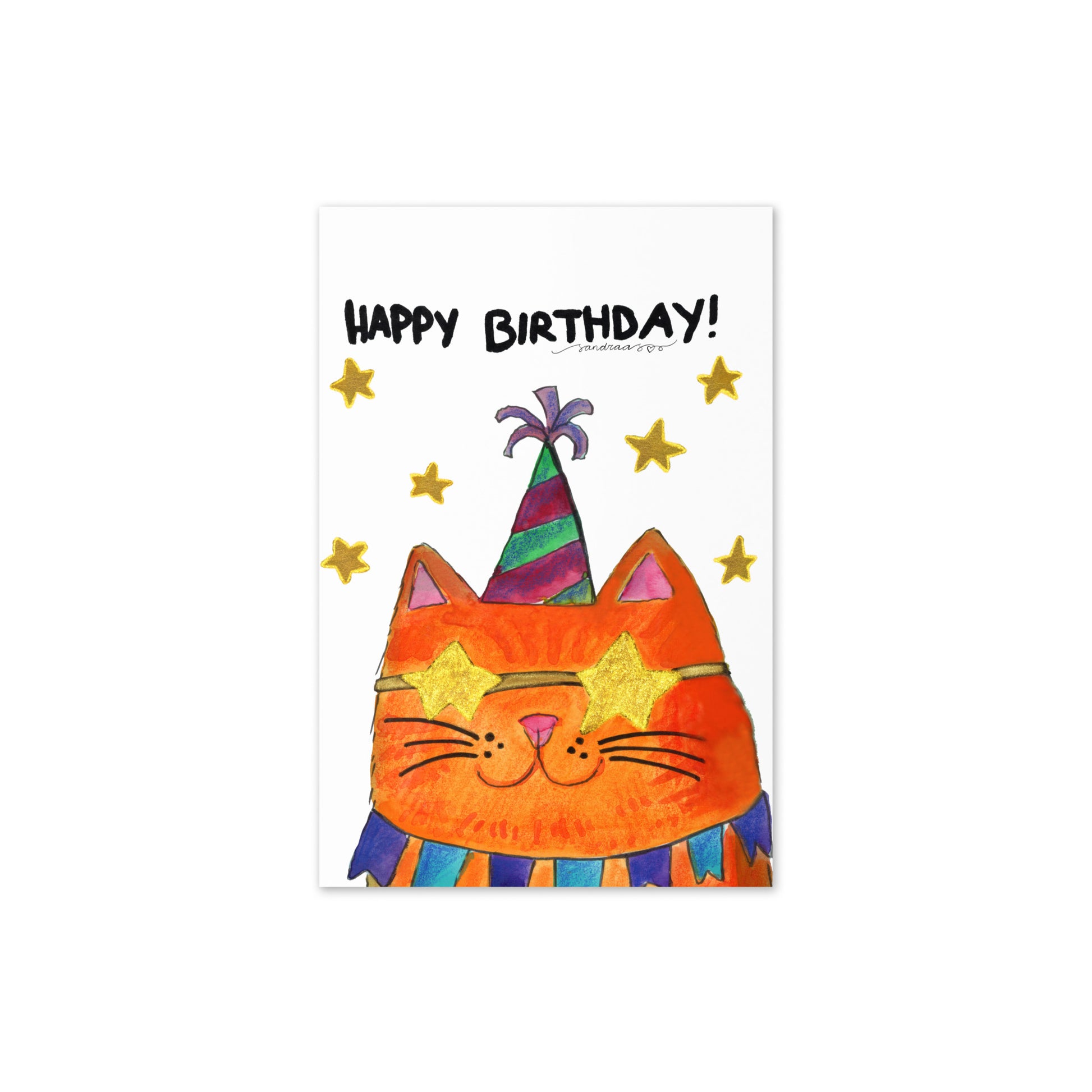 Happy Birthday Card – Cool Party Cat in Watercolor - SANDRAAS
