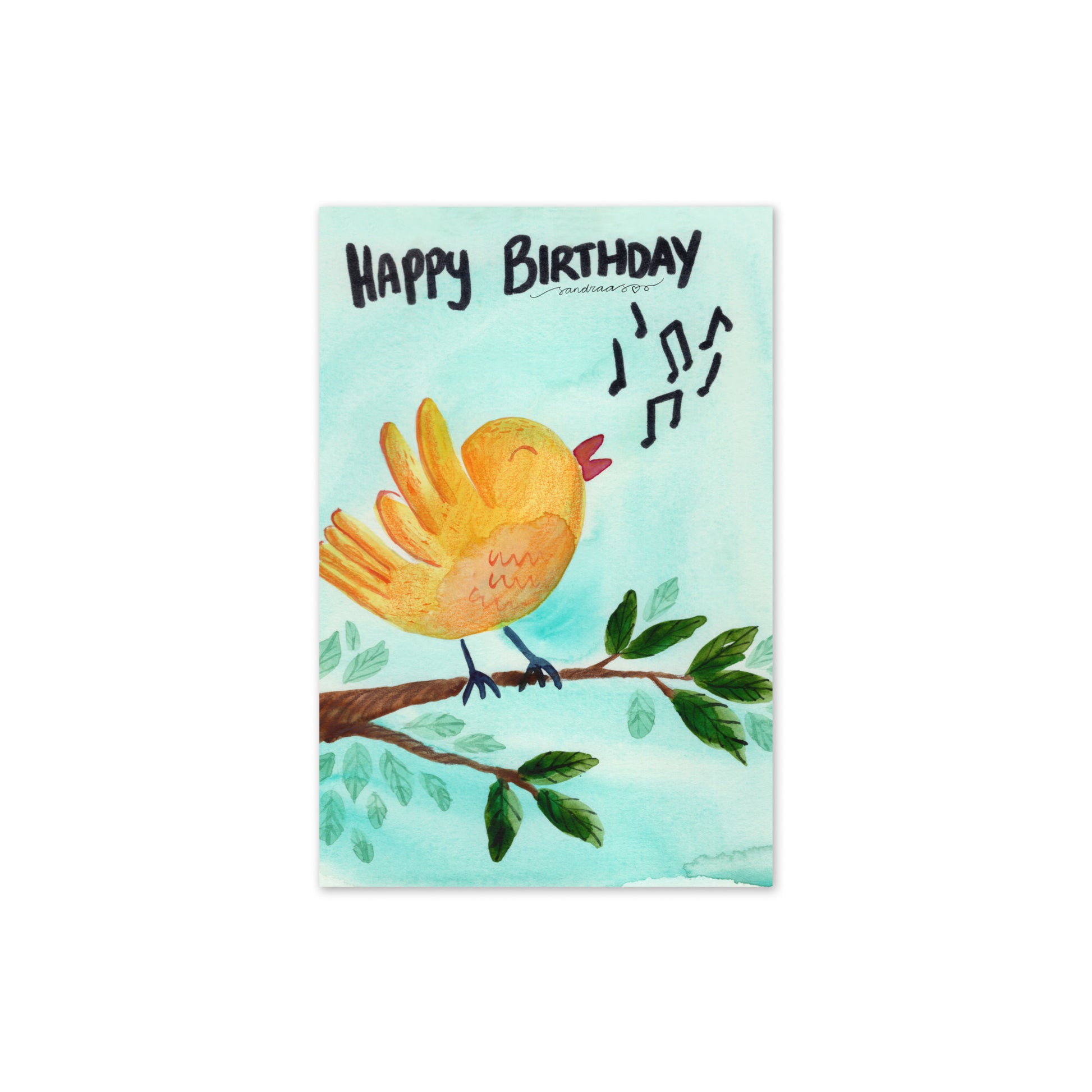 Happy Birthday Card – Whimsical Yellow Bird on Blue Watercolor Background - SANDRAAS