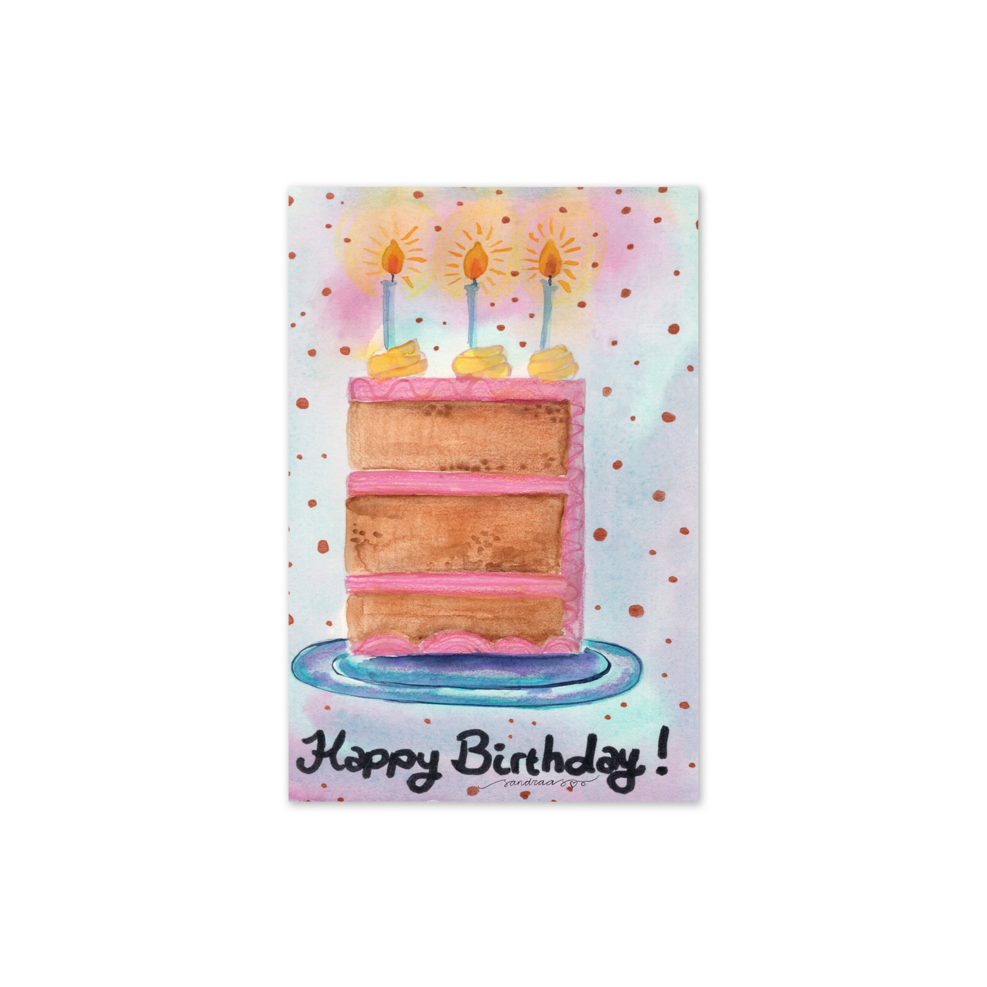 Happy Birthday Card – Whimsical Watercolor Cake on Blue & Pink Background - SANDRAAS