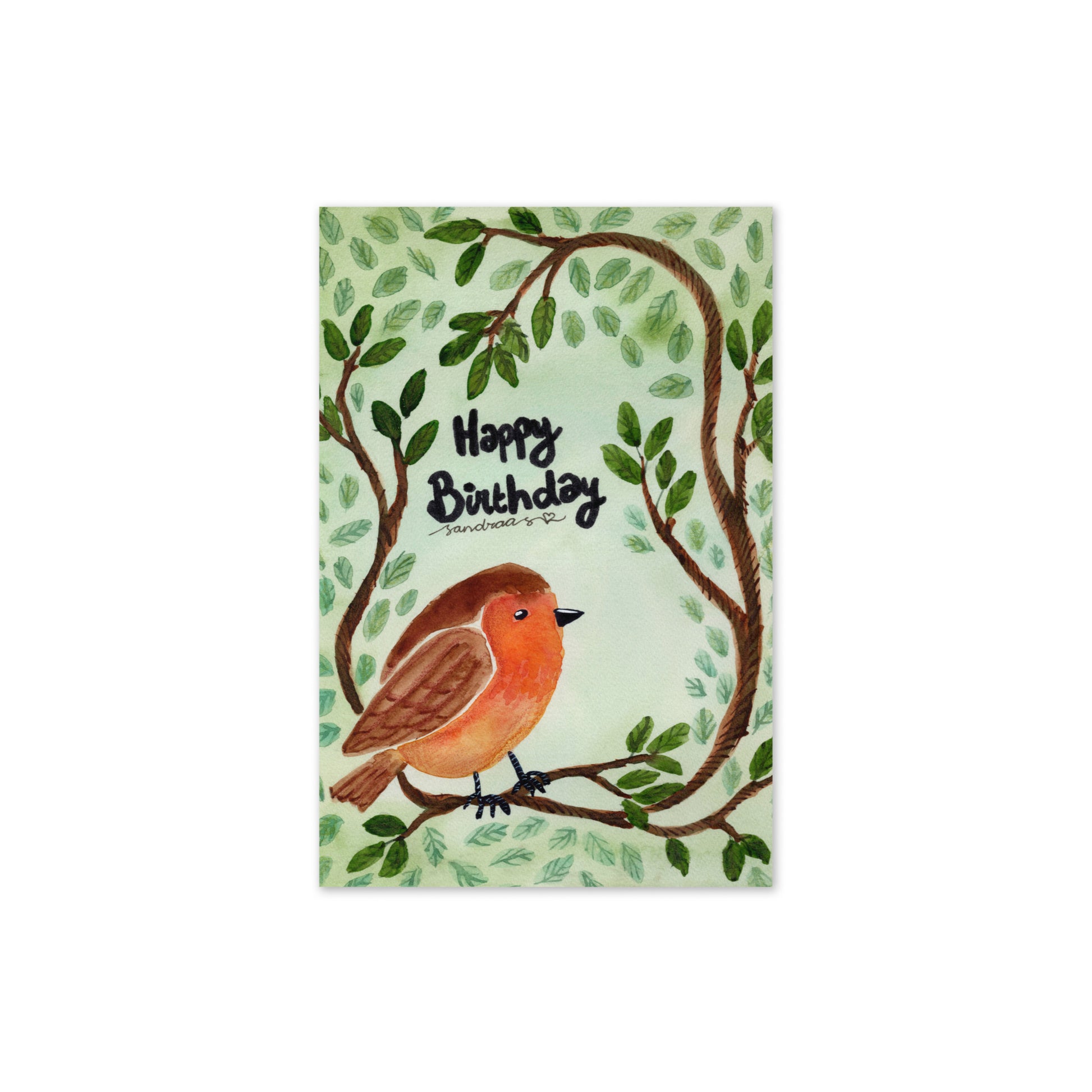 Happy Birthday Card – Watercolor Robin on Branch with Green Leafy Background - SANDRAAS