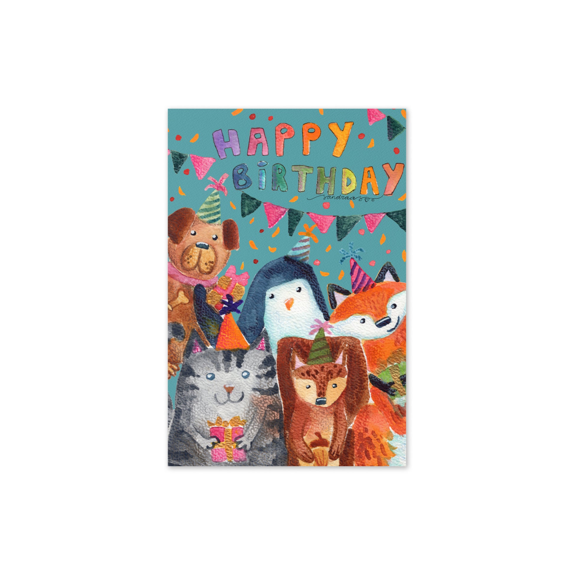 Whimsical Animal Birthday Card – Watercolor Illustration “Happy Birthday” - SANDRAAS