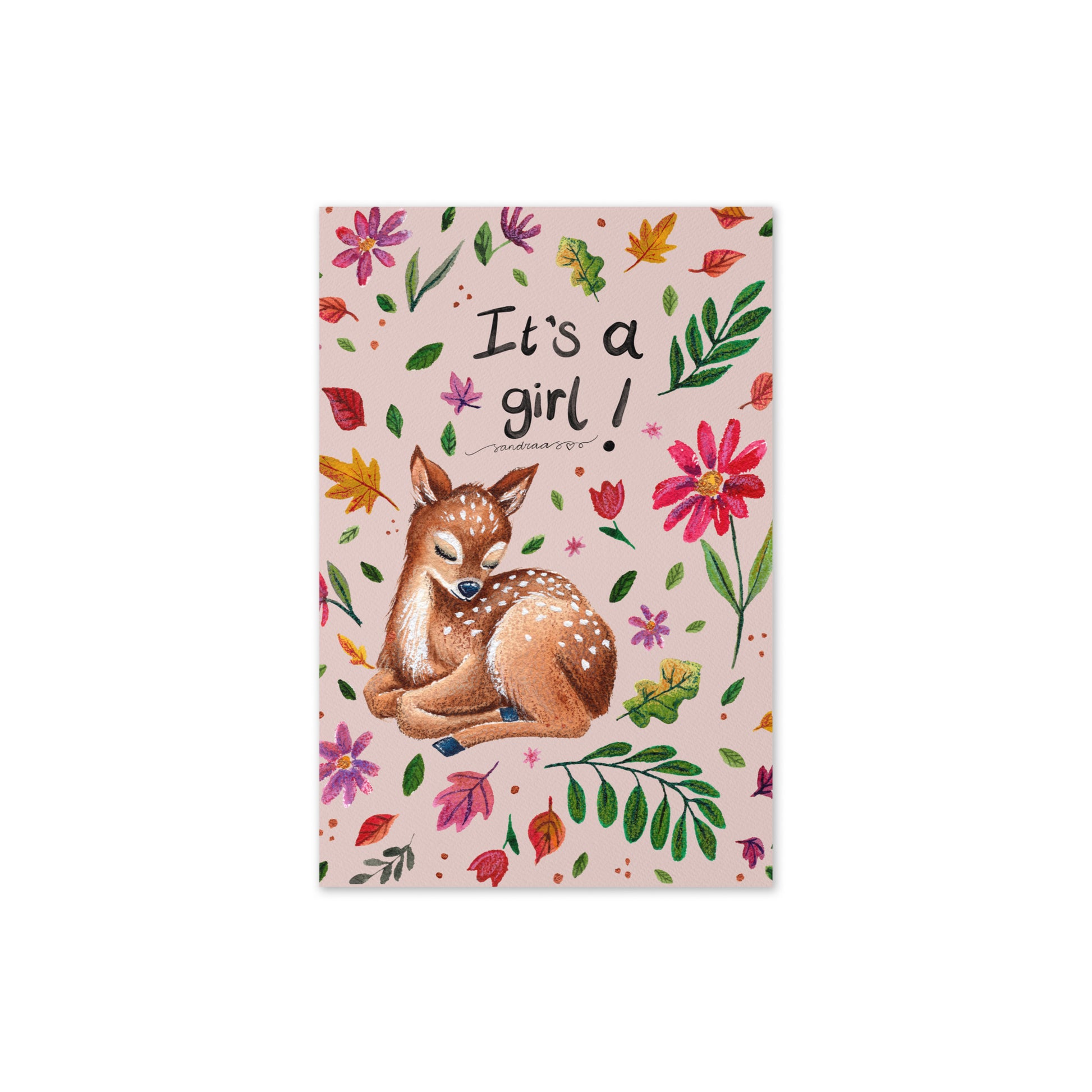 It’s a Girl Baby Card – Watercolor Sleeping Deer on Pink Background - SANDRAAS