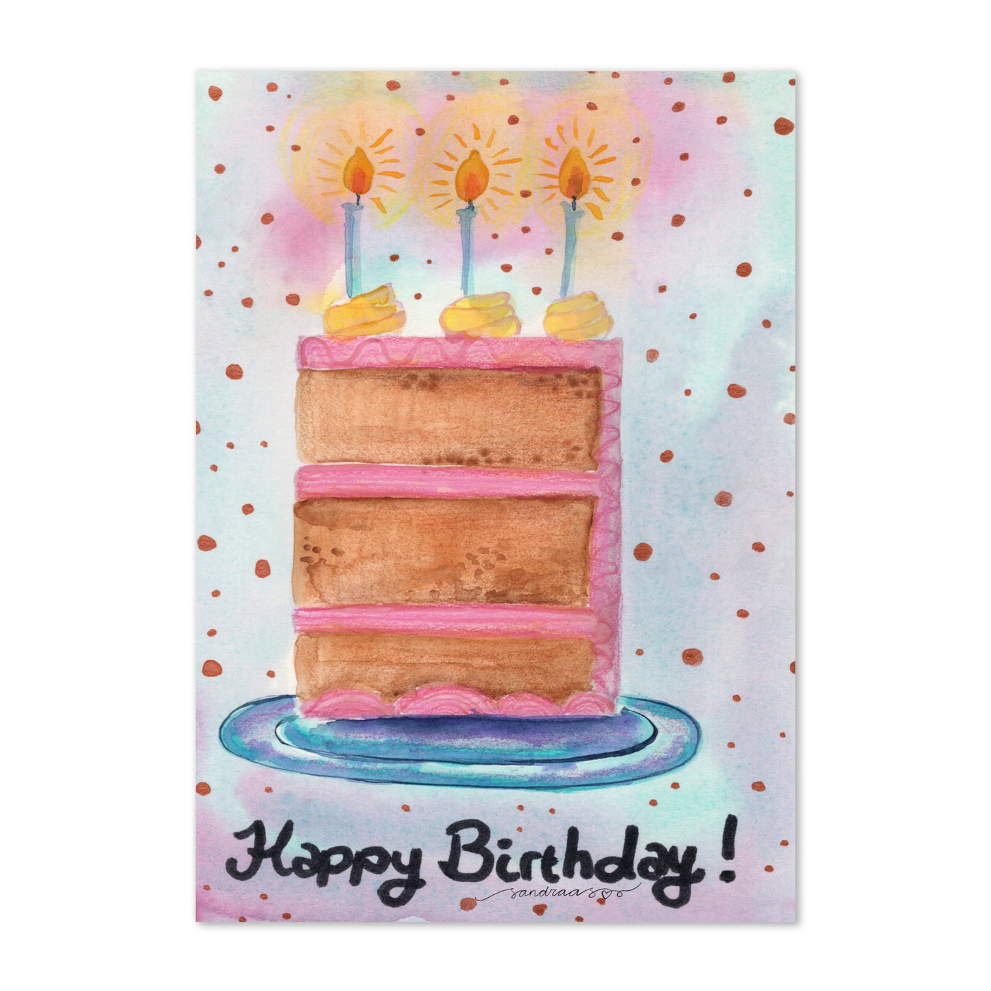 Happy Birthday Card – Whimsical Watercolor Cake on Blue & Pink Background - SANDRAAS
