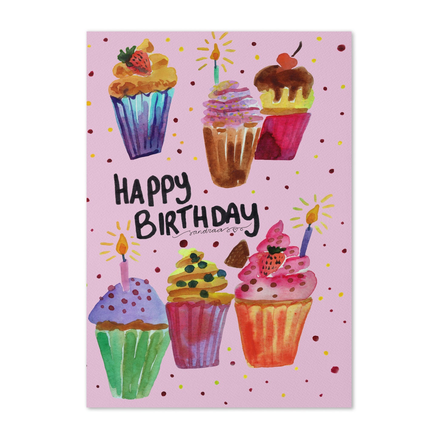 Happy Birthday Card – Watercolor Cupcakes on Pink Background - SANDRAAS