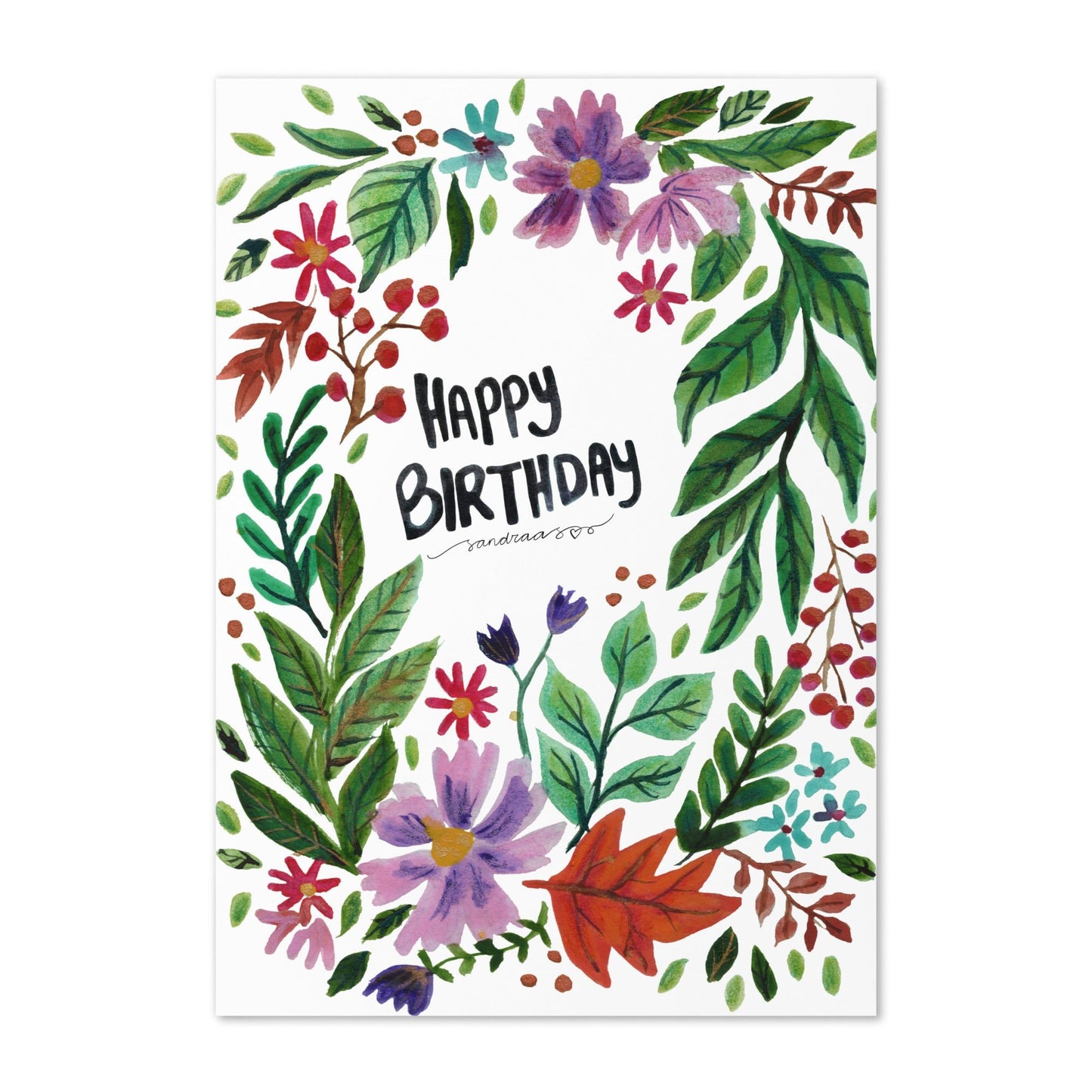 Happy Birthday Card – Watercolor Floral Wreath - SANDRAAS