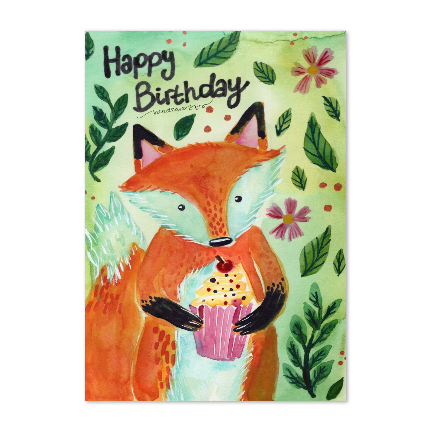 Happy Birthday Card – Watercolor Fox with Present on Green Textured Background - SANDRAAS