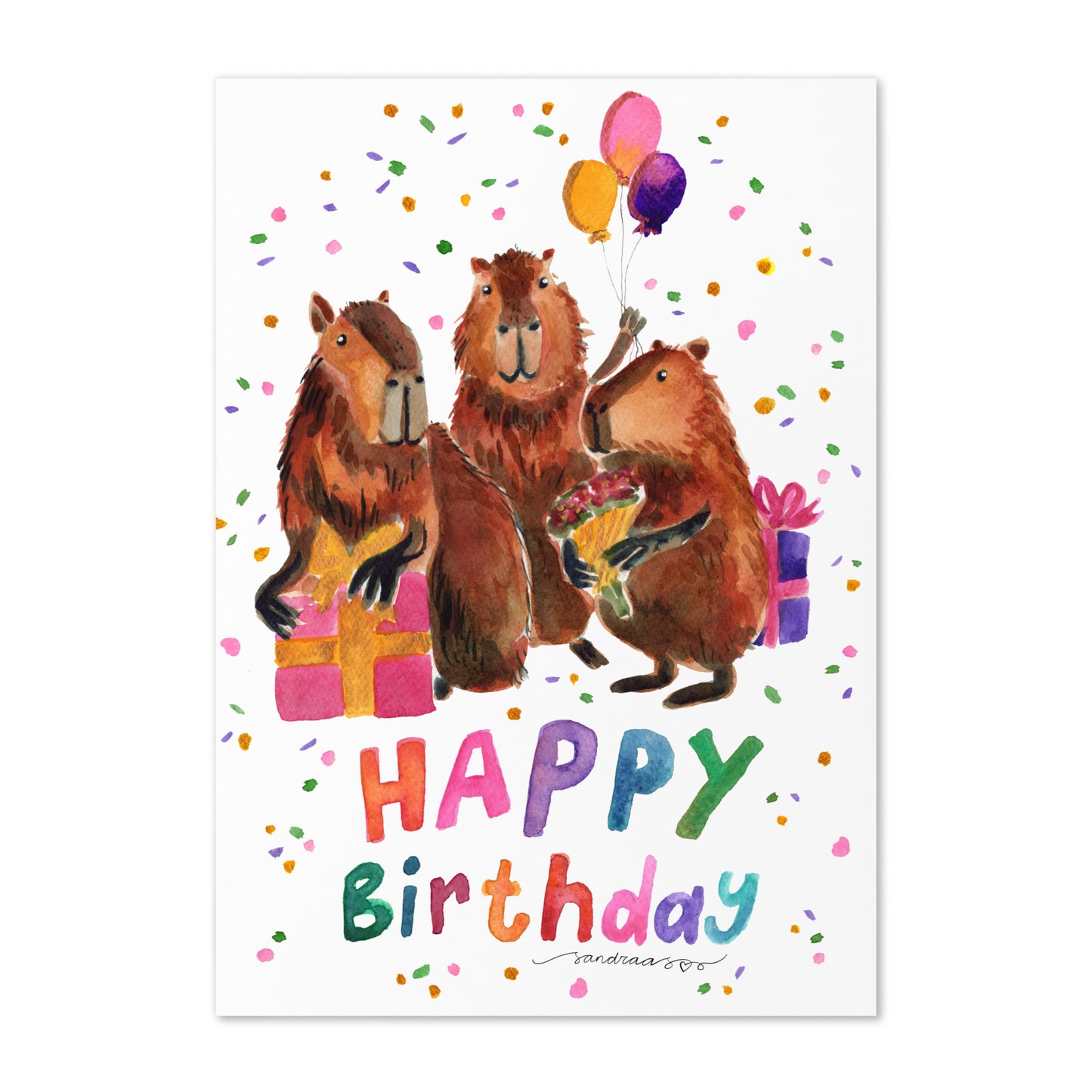 "Happy Birthday" Capybara Birthday Card – Watercolor Balloons & Multicolor Hand Lettering - SANDRAAS