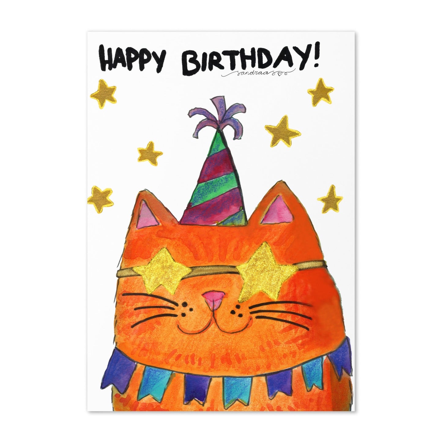 Happy Birthday Card – Cool Party Cat in Watercolor - SANDRAAS