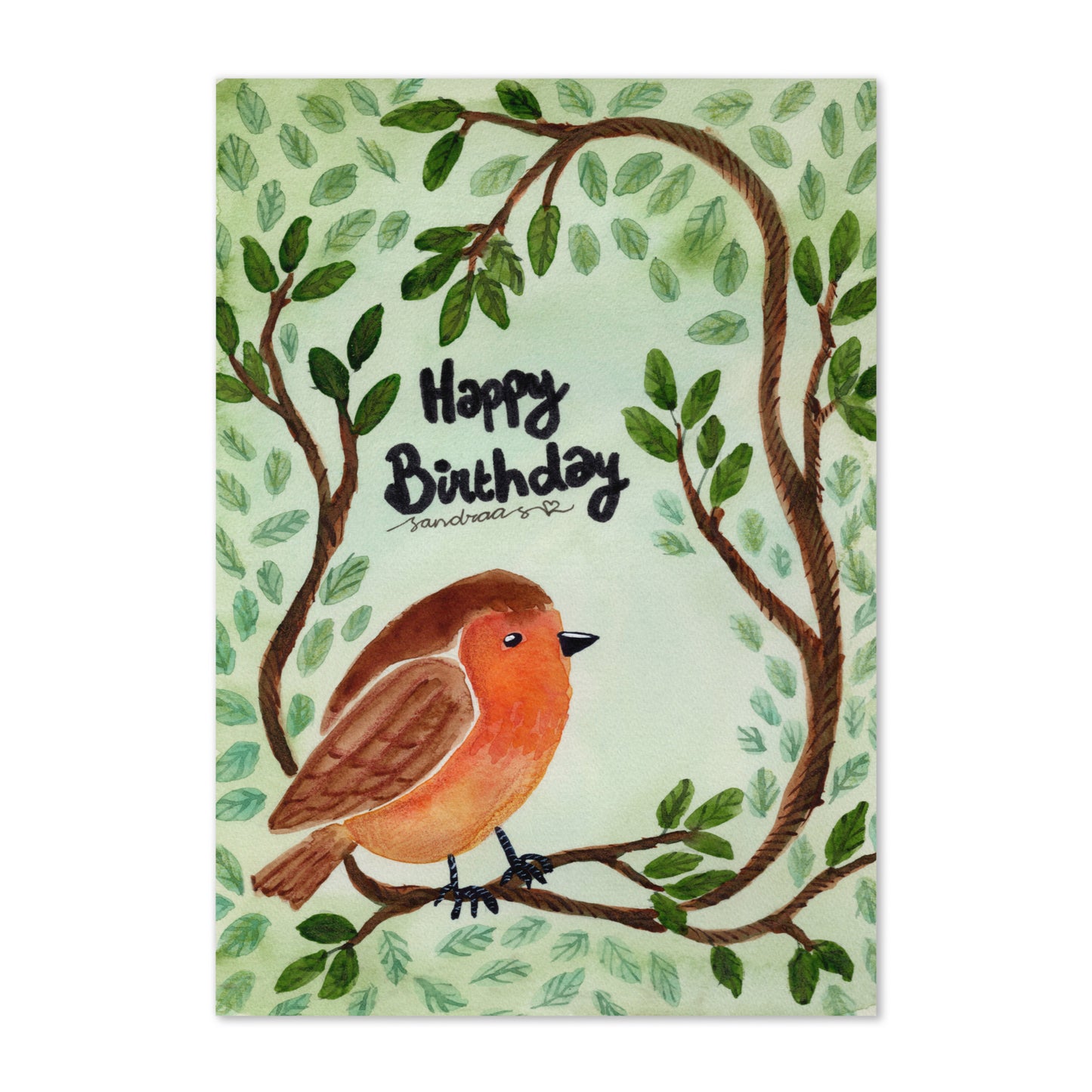 Happy Birthday Card – Watercolor Robin on Branch with Green Leafy Background - SANDRAAS