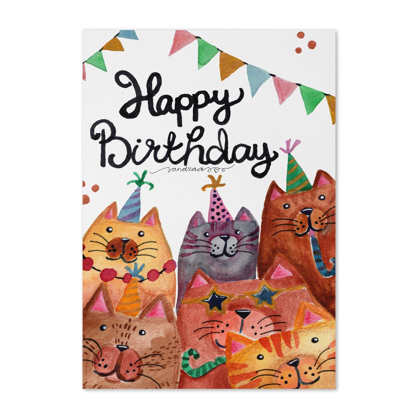 Happy Birthday Card – Whimsical Watercolor Cats - SANDRAAS