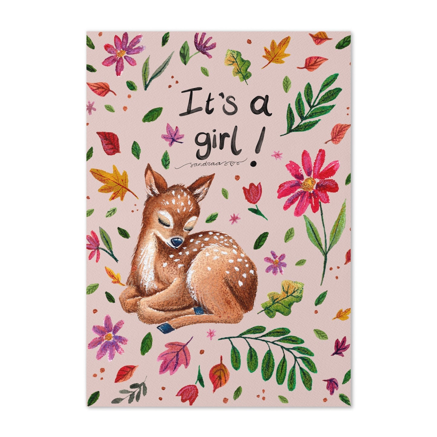 It’s a Girl Baby Card – Watercolor Sleeping Deer on Pink Background - SANDRAAS