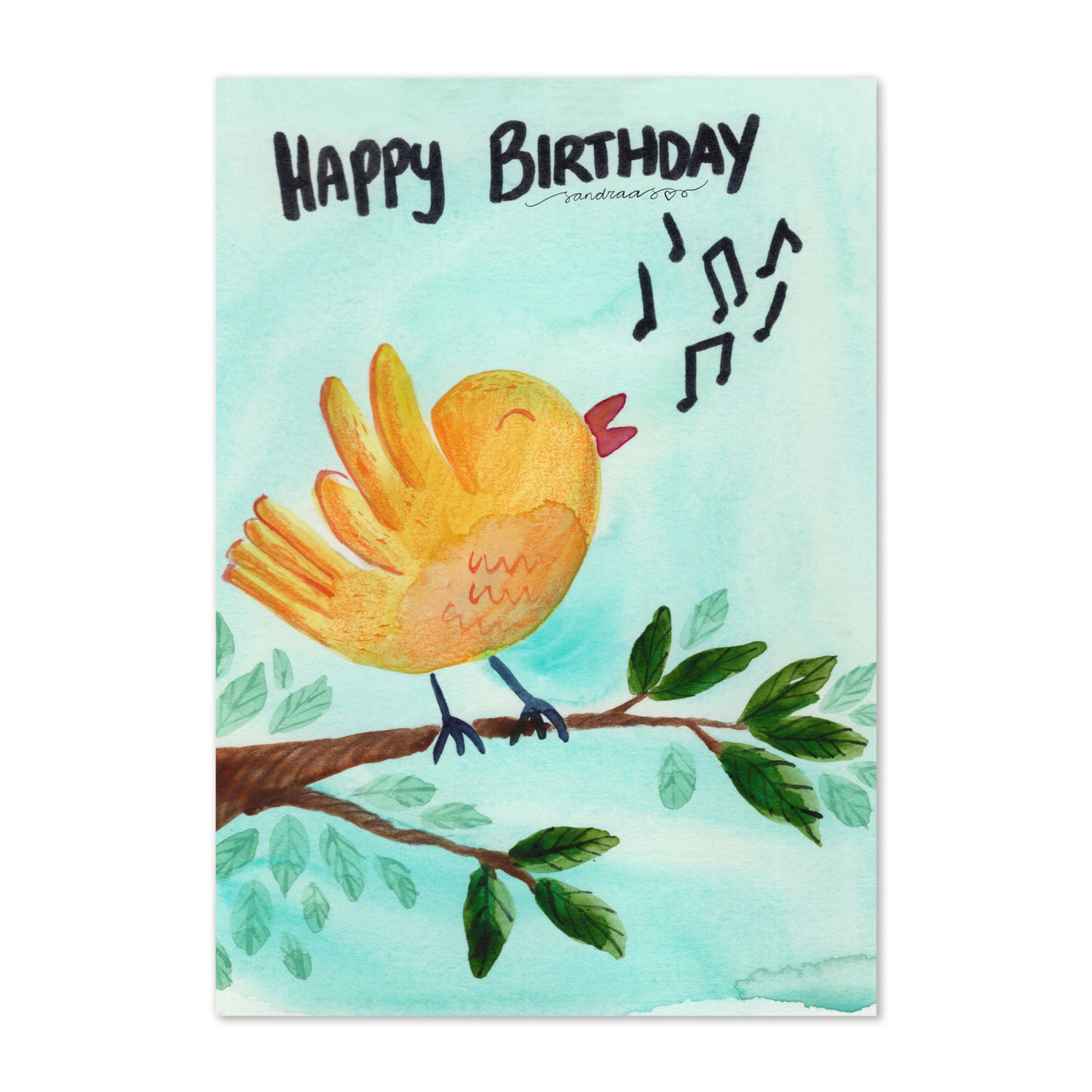 Happy Birthday Card – Whimsical Yellow Bird on Blue Watercolor Background - SANDRAAS
