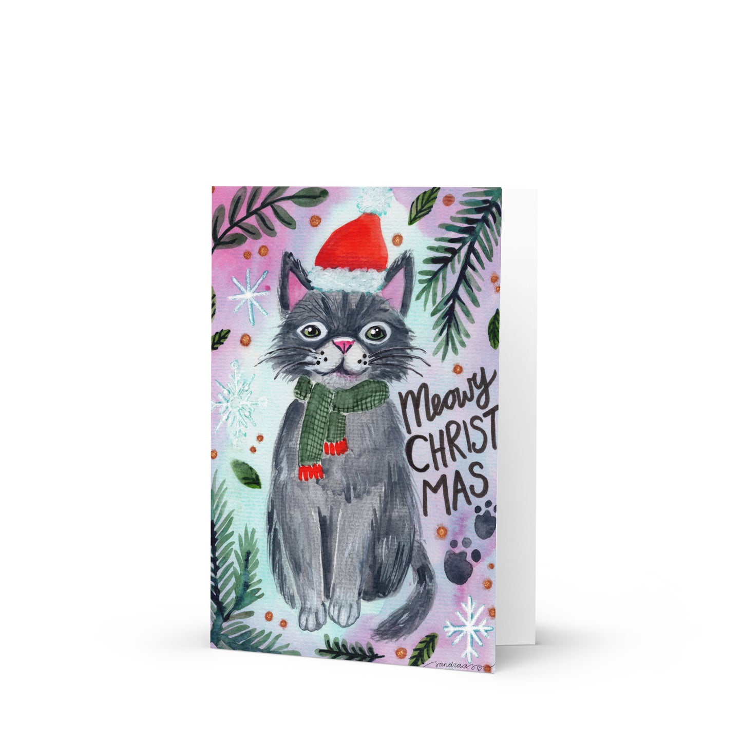 🎄 Meowy Christmas Cat Greeting Card – Whimsical Grey Cat in Green Scarf & Santa Hat 😺🧣✨ Holiday Card with Envelope - SANDRAAS