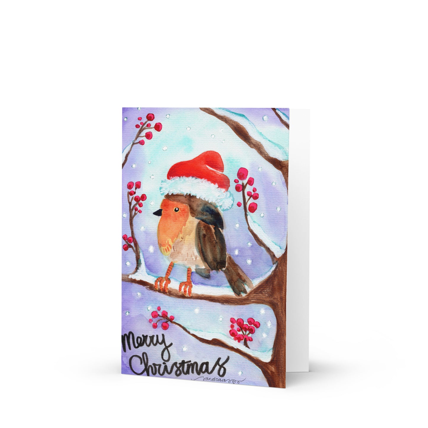🎄 Merry Christmas Robin Card – Whimsical Watercolor Robin on a Tree Branch 🐦✨ Charming Holiday Greeting Card - SANDRAAS