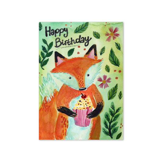 Happy Birthday Card – Watercolor Fox with Present on Green Textured Background - SANDRAAS
