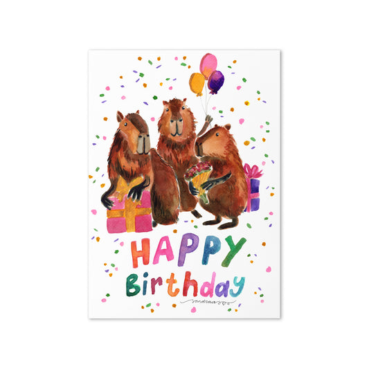 "Happy Birthday" Capybara Birthday Card – Watercolor Balloons & Multicolor Hand Lettering - SANDRAAS