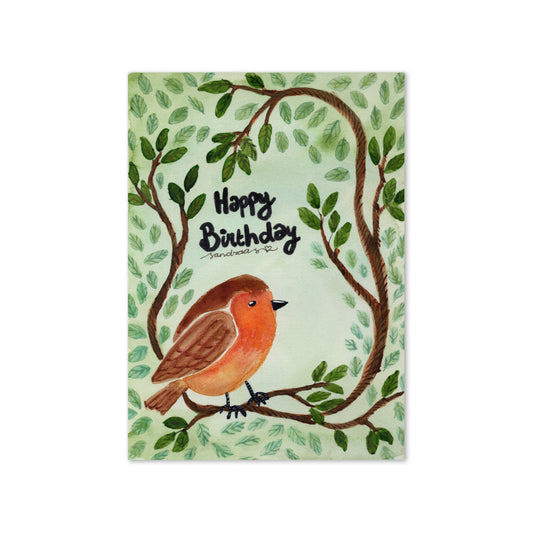 Happy Birthday Card – Watercolor Robin on Branch with Green Leafy Background - SANDRAAS